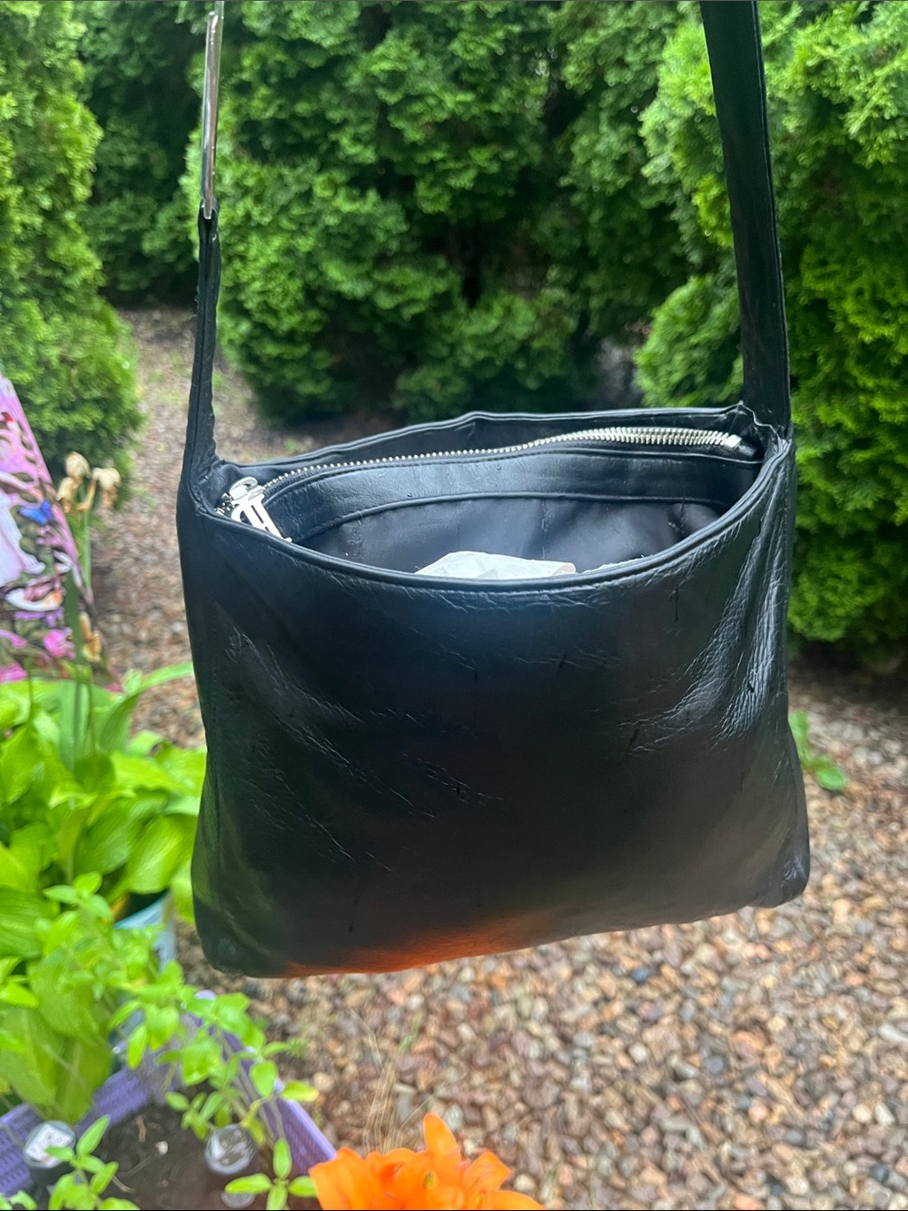 Ralph Lauren Black Leather Shoulder Bag with Silver Ralph Lauren Logo 9 x 11 - Picture 3 of 6